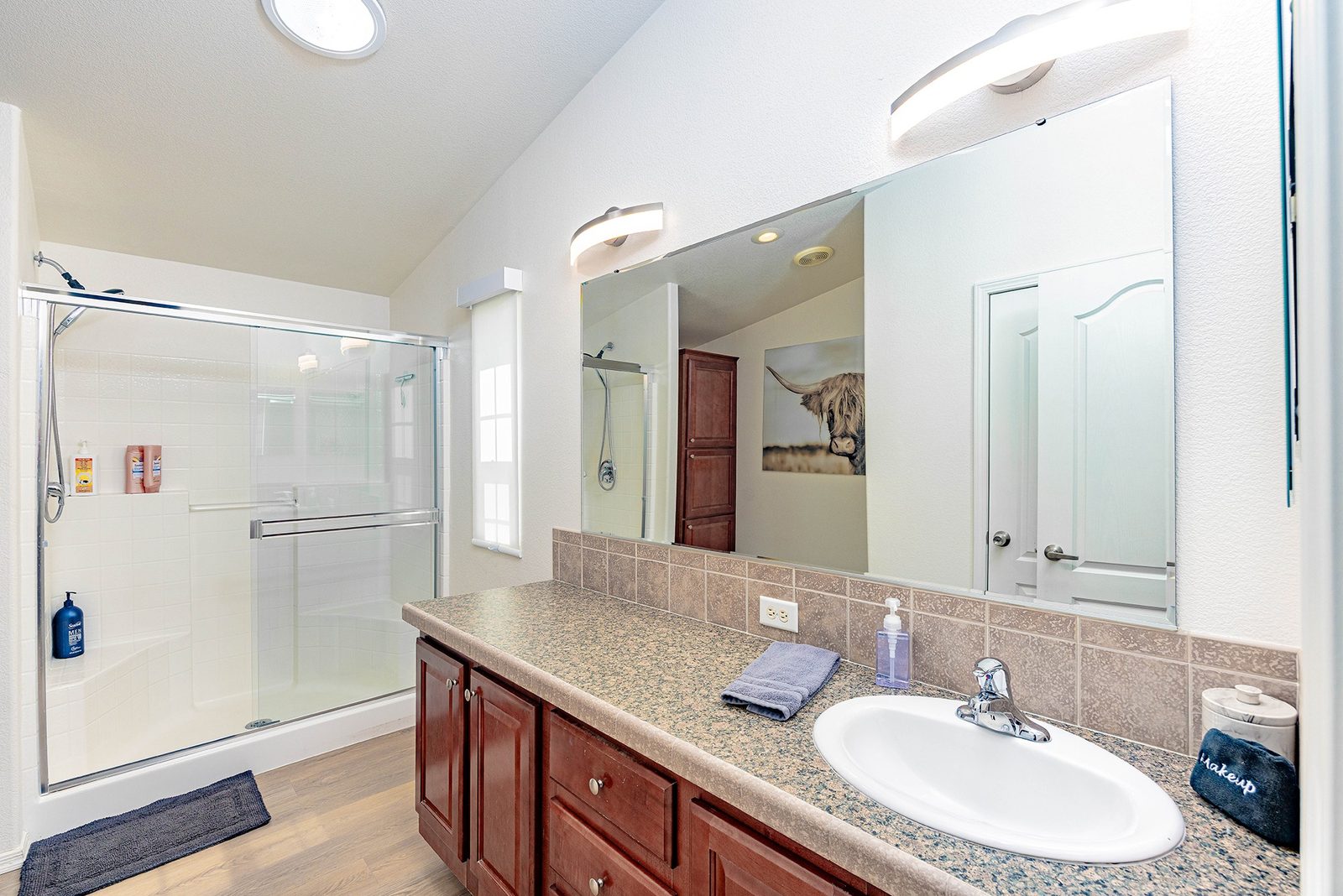 Bright bathroom with large shower